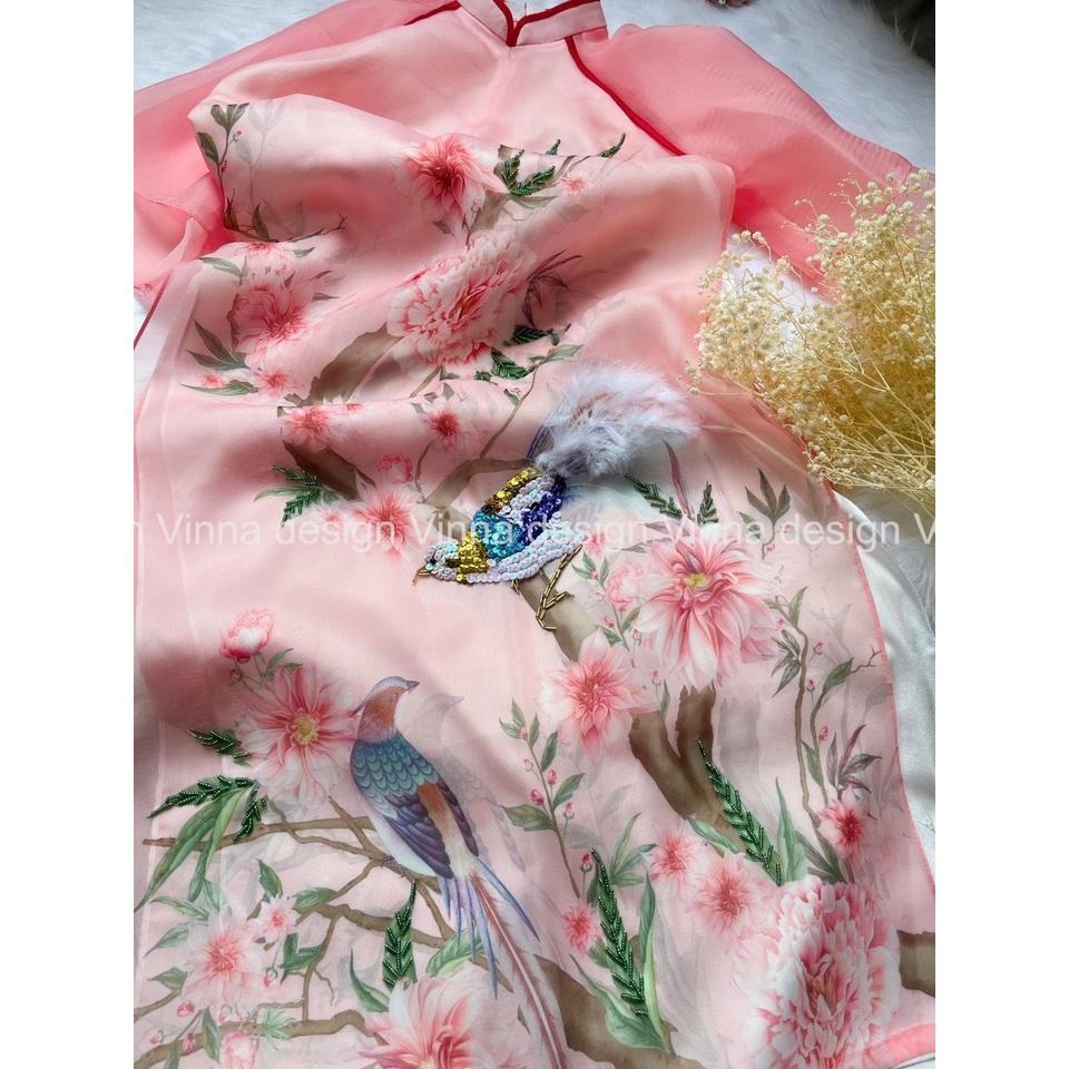 Áo dài cách tân tơ organza 4 tà Hồng Đào Chim Mẫu Đơn kết đính sang trọng thời trang nữ thời trang thiết kế Vinna