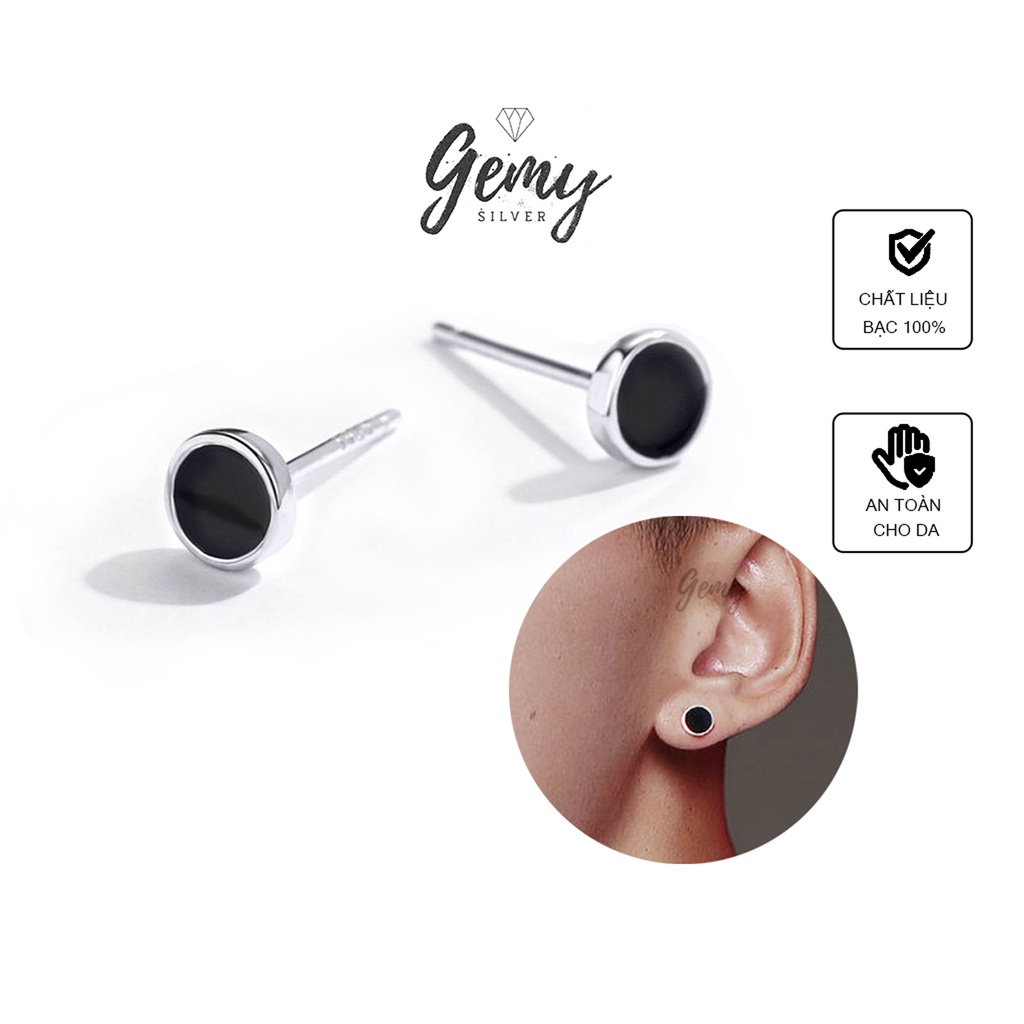 Khuyên tai nam tròn bạc 925 đá đen cá tính unisex Black Knight   | GEMY SILVER KN31