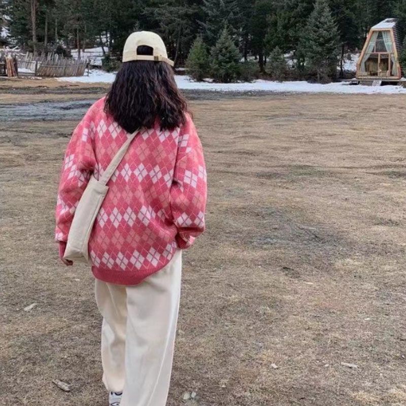 Áo Khoác Sweater Tay Dài Dáng Rộng Họa Tiết Kẻ Sọc Caro Phong Cách Retro Đơn Giản