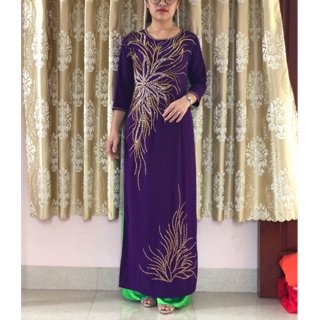 Áo dài tím💥FREESHIP💥Áo dài đính kết pha lê sang