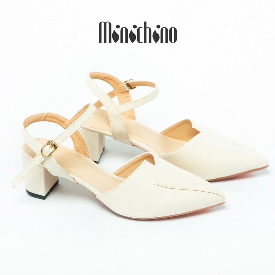 Giày sandal nữ gót cao 5cm MINICHINO giày cao gót nữ da mờ đế vuông mũi nhọn hở gót phối dây màu kem TC001