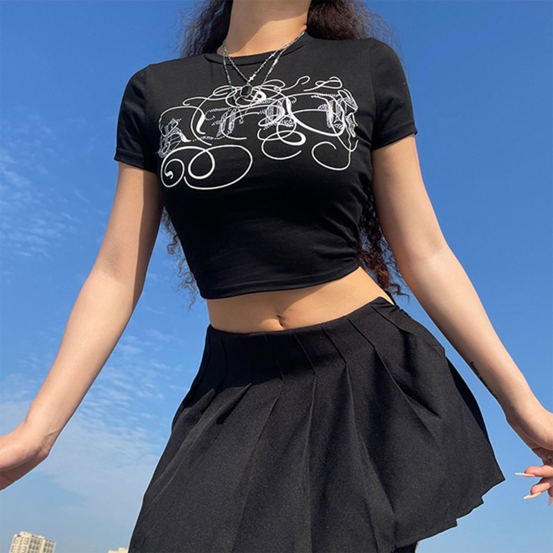Áo Thun Crop Top Tay Ngắn Cổ Tròn In Chữ Đính Đá Phong Cách Gothic Thời Trang Cho Nữ