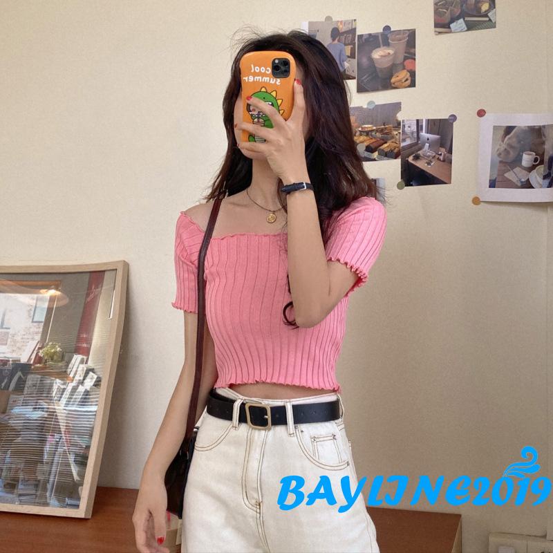 Áo dệt kim tay ngắn trễ vai màu sắc đơn giản thời trang dành cho nữ