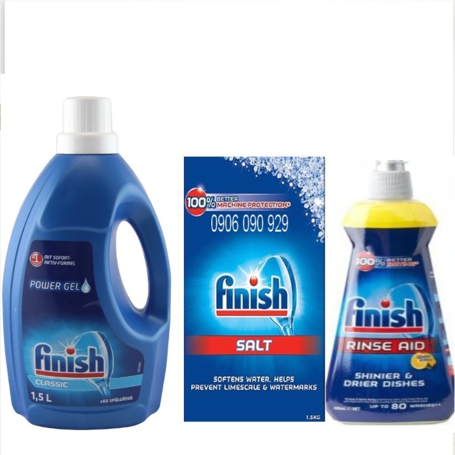 Combo Nước rửa bát Finish Gel 1.5L+ 1.5kg Muối rửa bát + Nước làm bóng finish 400ml