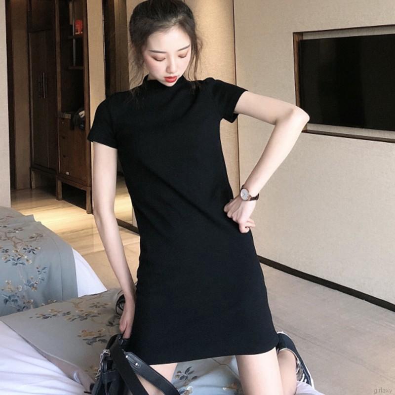 Đầm Body Tay Ngắn Cổ Tròn Màu Trơn Phong Cách Hàn Quốc