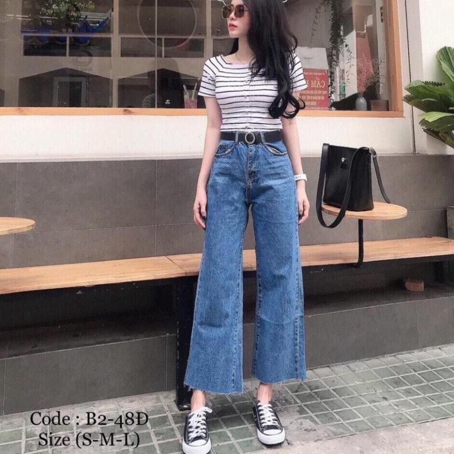 Quần jean nữ baggy ống xuông tua lai