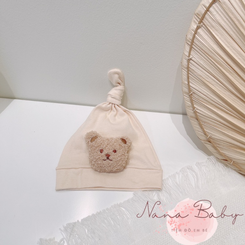 Mũ nón chất cotton thắt nút đính gấu đáng yêu cho bé 0-12m NanaBaby MD63