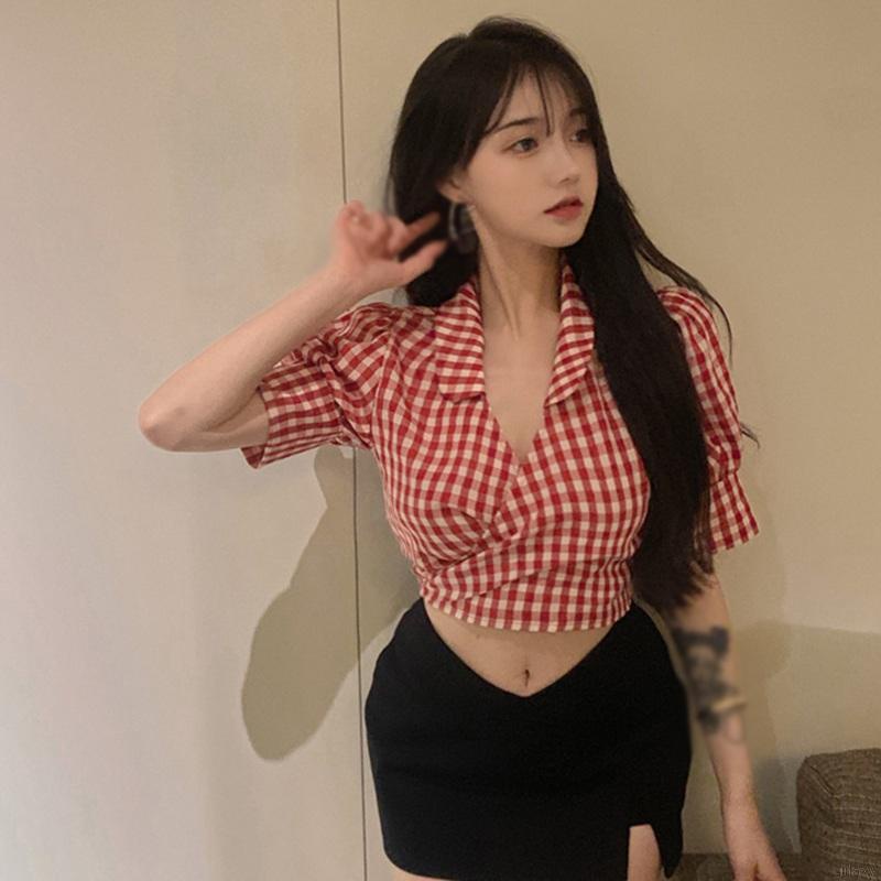 Áo Croptop Tay Ngắn Cổ Chữ V Họa Tiết Sọc Caro Phong Cách Hàn Quốc | BigBuy360 - bigbuy360.vn