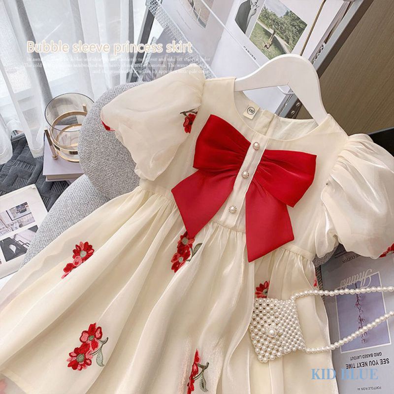 Đầm Công Chúa Tay Phồng Phối Lưới Thêu Hoa Đính Nơ Ngọt Ngào Cho Bé Gái