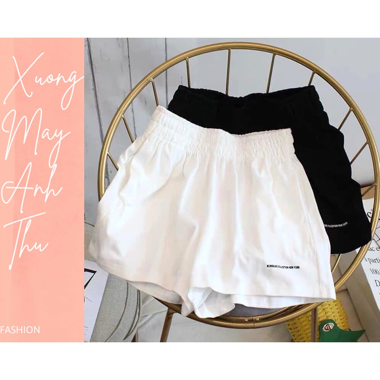 Quần đùi đũi short thêu chữ nhỏ nữ - Shorts suông ống rộng cạp chun, sooc thun oversize basic bánh bèo ulzzang HOT