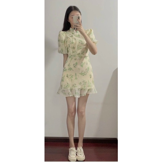 ĐẦM HOA KEM CỔ TÀU CHÂN BÈO