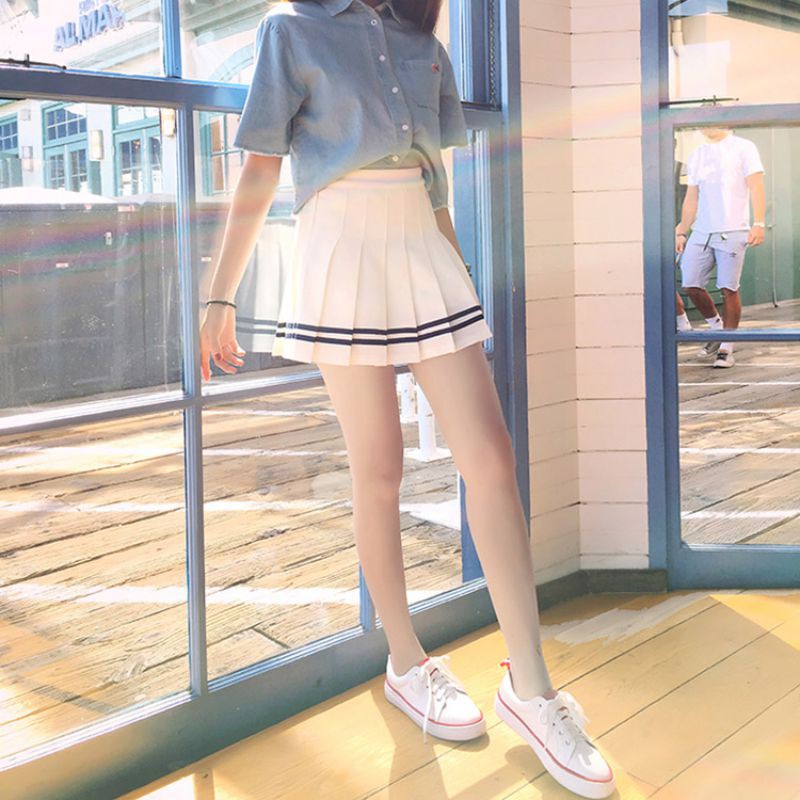 Chân váy xếp li lưng cao phối sọc xinh xắn trẻ trung