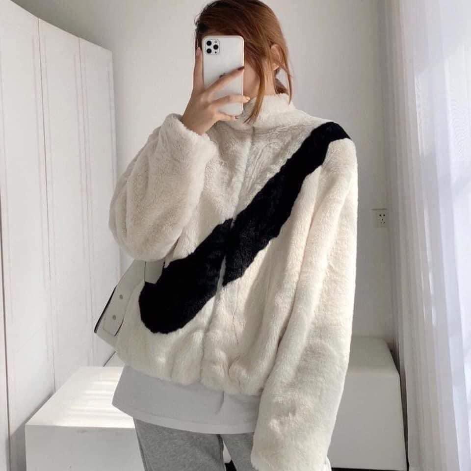 Áo N!!ke Chất Lông Cừu Cổ Bẻ Dáng Rộng Cao Cấp Nam Nữ Unisex 2 Màu Đen Trắng Có Kèm Ảnh Thật