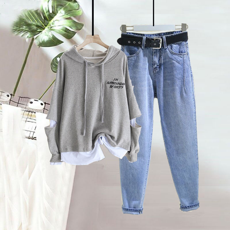 Set Áo Hoodie Dài Tay Giả Hai Lớp Phối Quần Jean Lưng Cao Thời Trang Cho Nữ