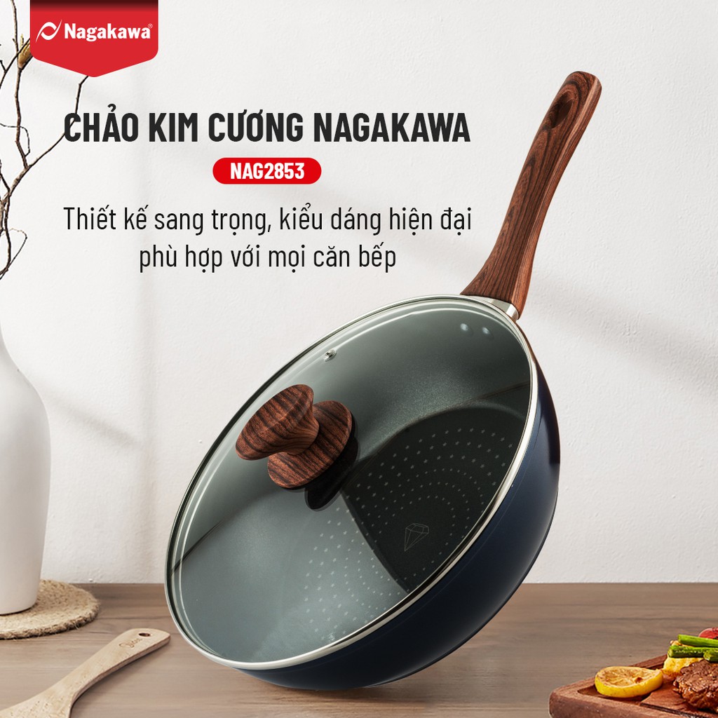 Chảo kim cương đáy từ sâu lòng vung kính 28 cm Nagakawa NAG2853