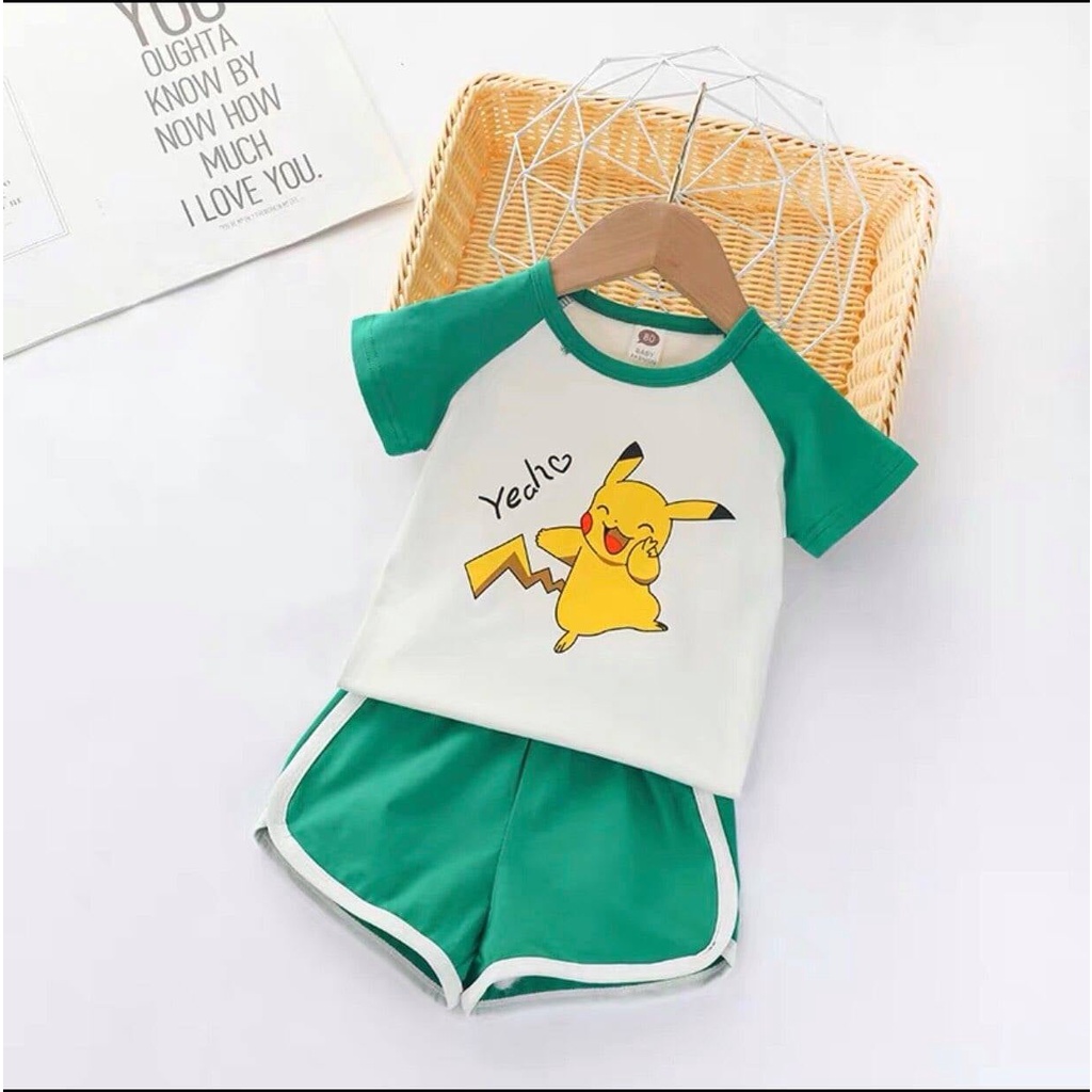 Bộ quần áo cộc tay trẻ em chất cotton in hình pikachu cho bé trai và gái 8-18kg