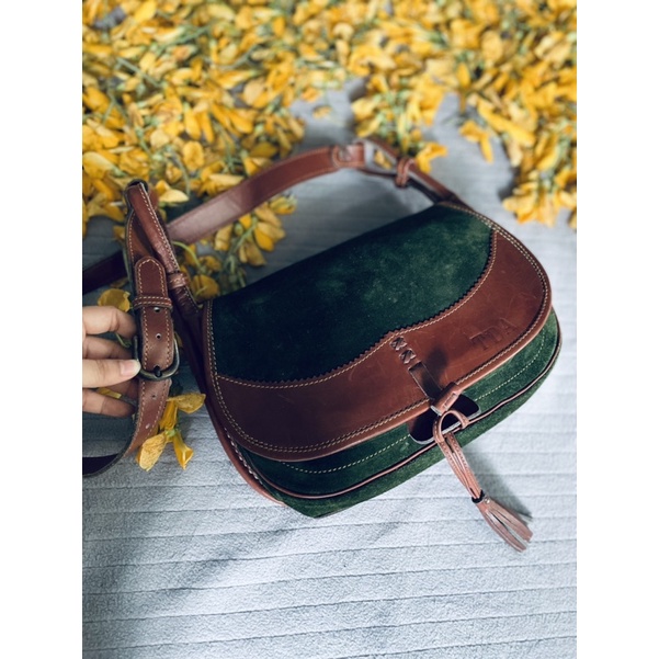 SALE- túi si da lộn phối da mộc xanh rêu
