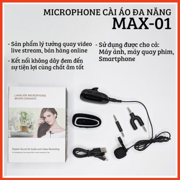 MICRO KHÔNG DÂY CÀI ÁO MAX 01 - THU ÂM QUAY VIDEO - LÀM VLOGER - CHẤT ÂM SẠCH RÕ ẤM