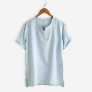 Áo linen nam chui cộc tay cổ V Rough cao câp