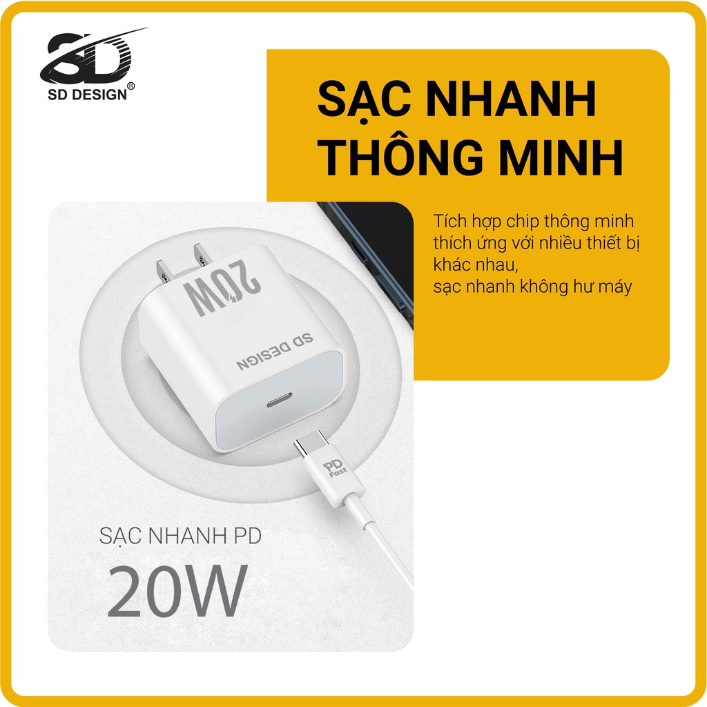 Bộ Củ Cáp Sạc Nhanh 20W chính hãng SD DESIGN HG 06 sạc ổn định an toàn cho điện thoại ip 6 đến 13 pro max