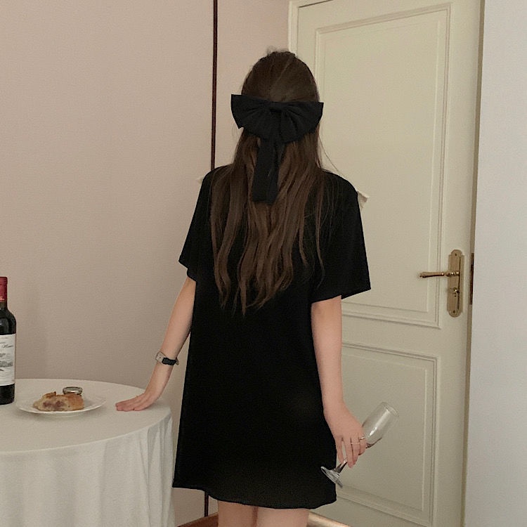 Đầm Thun Dáng Rộng Màu Đen In Hình Bướm Phong Cách Hàn Quốc Ngọt Ngào Và Đáng Yêu Dành Cho Bạn Gái