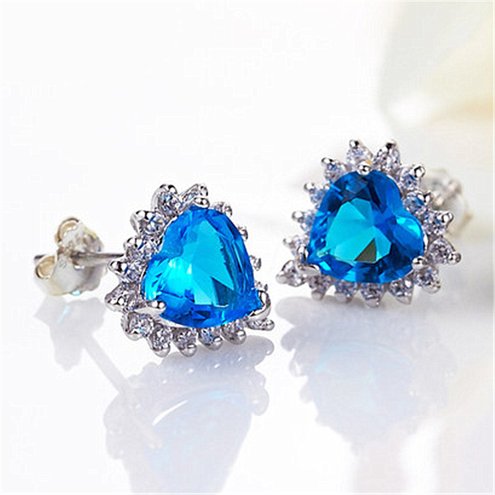 Bông Tai Bạc 925 Đính Đá Pha Lê Xanh Dương Hình Trái Tim Phong Cách Hàn Quốc Dành Cho Nữ-S1