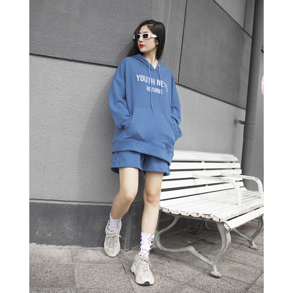 Áo Hoodie Youth Never Returns - Phía Trước Thêu Chữ Tỉ Mỉ - Chất Vải Nỉ Da Cá - Form Oversized Rộng Thoải Mái - Màu Xanh