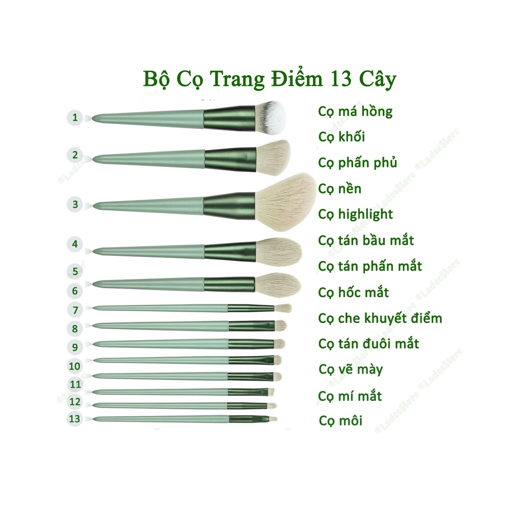 Cọ Trang Điểm, Bộ Cọ 13 Cây, Cọ MakeUp Chất Lượng Màu Xanh, Hồng