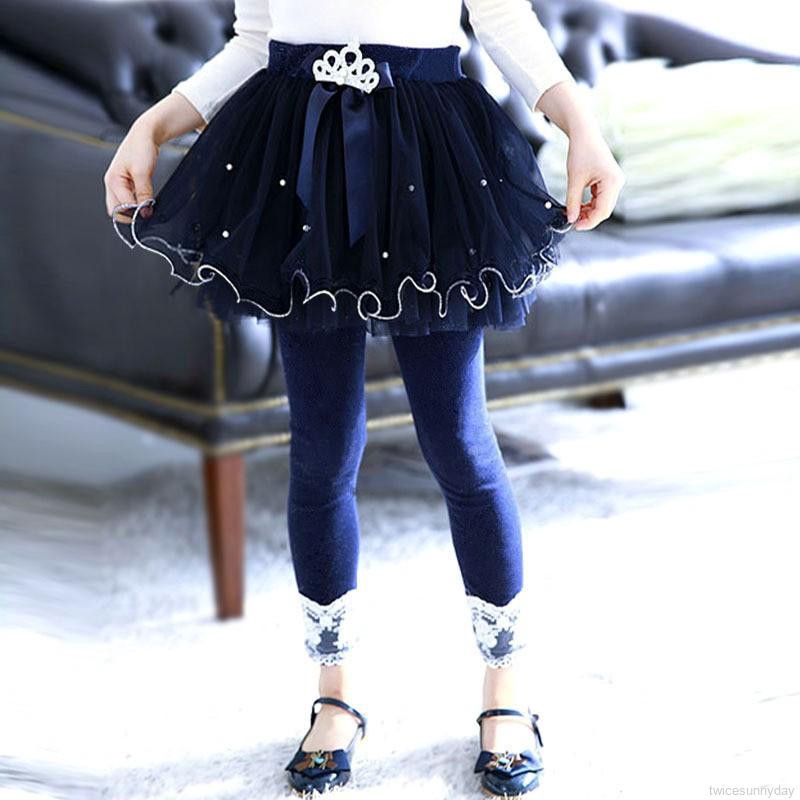Quần legging cotton dài ôm dáng thiết kế váy lưới trang trí vương miện dễ thương cho bé
