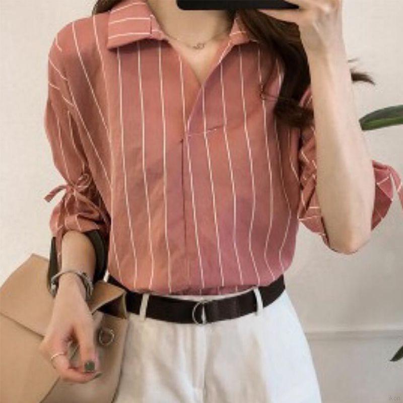 Áo sơ mi tay lỡ cổ chữ V hoạ tiết kẻ sọc thiết kế hợp thời trang sơmi nữ