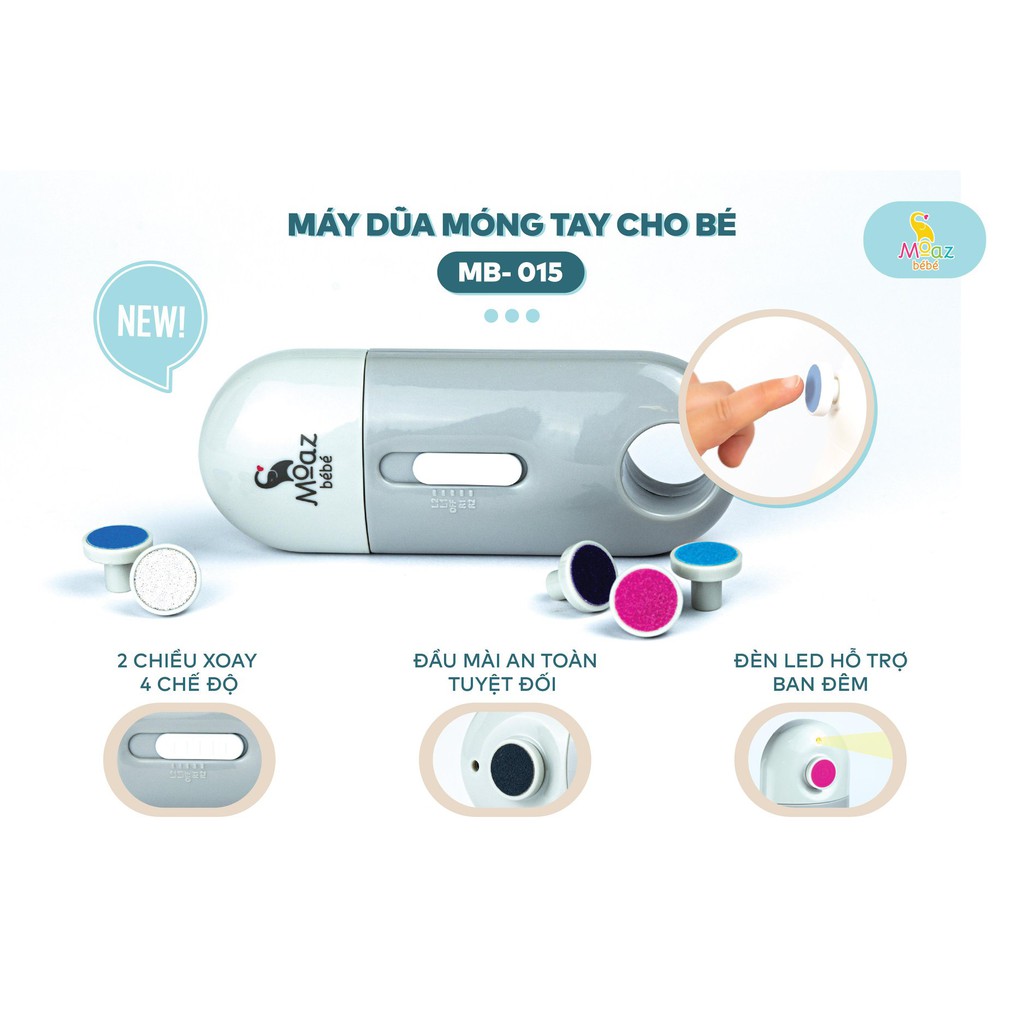 Máy dũa móng tay MOAZ BEBE MB-015 với 4 tấm mài kèm đèn Pin hỗ trợ - Hàng chính hãng bảo hành 12 tháng