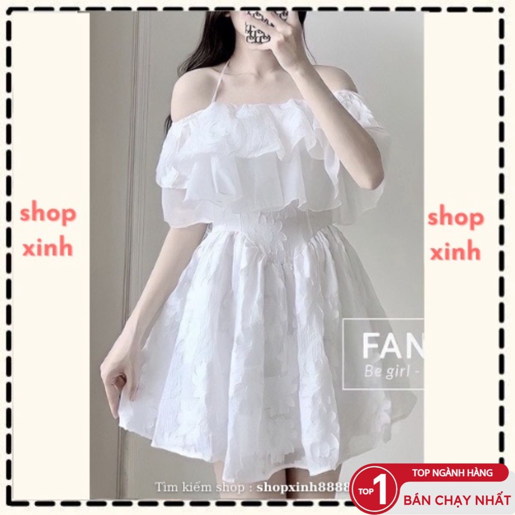 Váy Ren Trễ Vai Gấm Hoa 2 Dây Bánh Bèo, Đầm Ren Gấm Hoa Trễ Vai 2 Dây Bánh Bèo ShopXinh888888