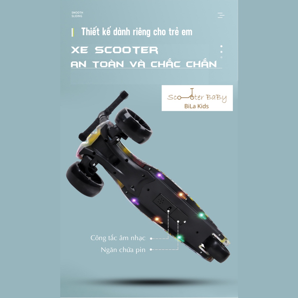 Xe Scooter Cho Bé Có Ghế, Nhạc, Đèn Gấp Gọn Thông Minh - Xe Trượt Scooter, Xe Chòi Chân 3 Bánh Phát Sáng Vĩnh Cửu