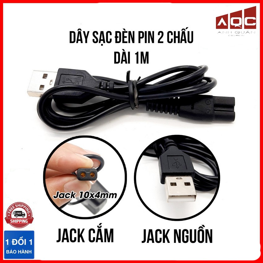 Dây sạc đèn pin 2 chấu Jack nguồn USB Dây sạc đèn pin Số 8 Kích cỡ 1m hàng Thái Lan cao cấp