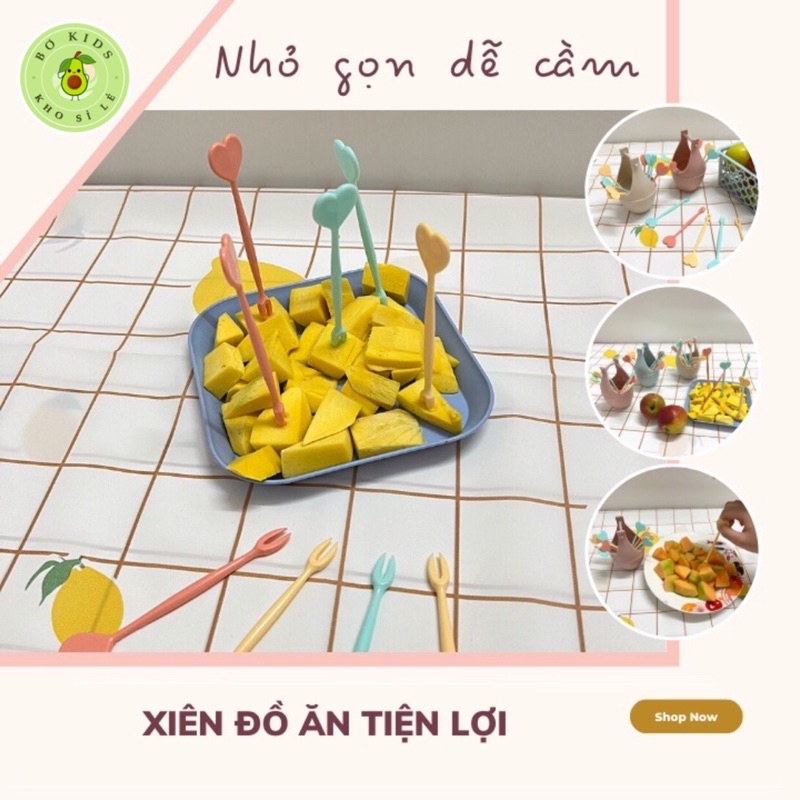 Bộ 10 chiêc dĩa ăn trái cây Việt Nhật  dễ thương hình trái tim ở cán cầm, Dĩa xiên hoa quả tiện lợi BOKIDS STORE
