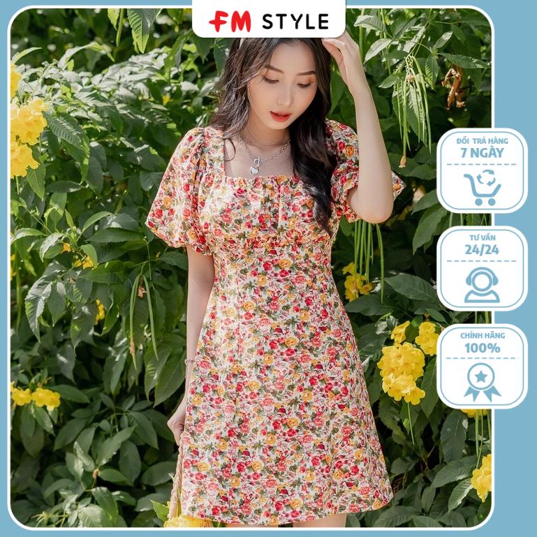 váy hoa nhí vintage cổ vuông tay phồng phong cách tiểu thư fmstyle, váy nữ xinh hàn quốc | Fmstyle S