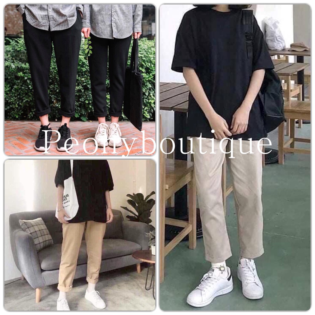 Quần Baggy Kaki Dáng Suông PEONYB Unisex [FREESHIP] 🌸 Culottes khaki cạp chun trơn màu ĐEN | BE Ulzzang HOT 🌸