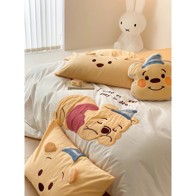 Bộ Chăn Ga Gối 5 Món mẫu GẤU POOH -  Cotton Linen Họa Tiết Hoạt Hình Disney Dễ Thương