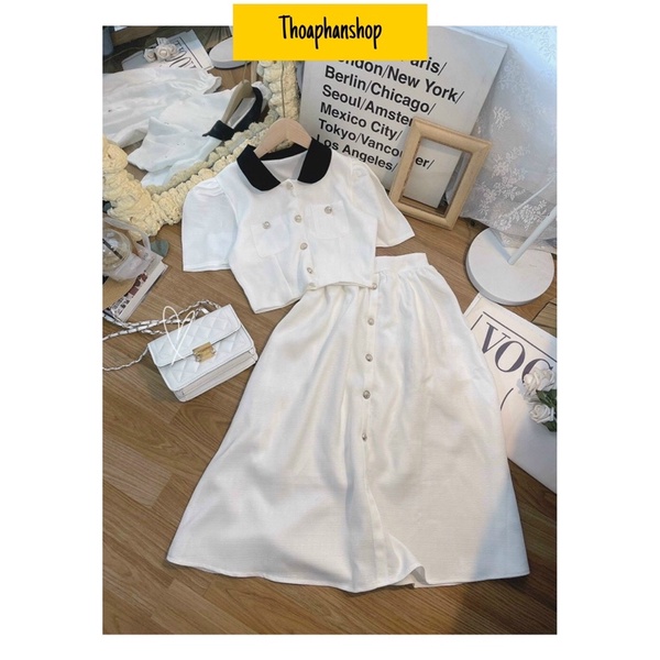 SET DẠ ÁO CROPTOP TRẮNG CỔ SEN ĐEN + CHÂN VÁY MIDI