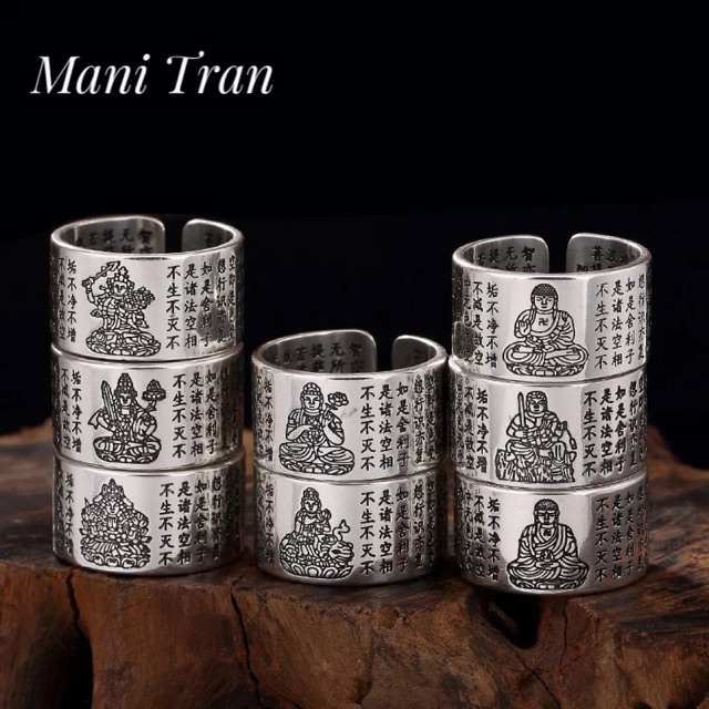 Nhẫn bạc phật bản mệnh 12 con giáp khắc Bát Nhã Tâm Kinh bản hở chất liệu bạc Thái 925