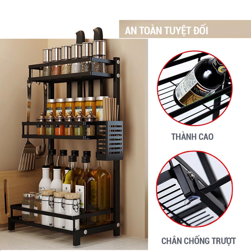 Kệ nhà bếp đa năng inox sơn tĩnh điện siêu chắc chắn, Kệ gia vị nhà bếp đa năng 3 tầng