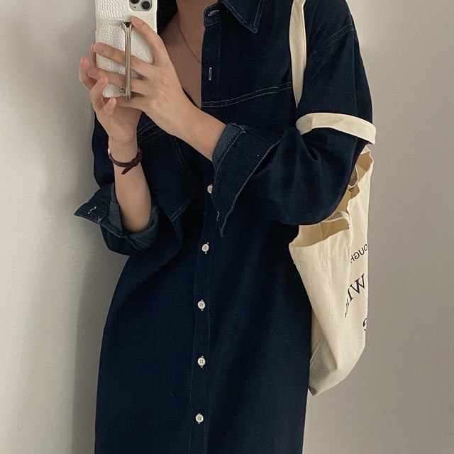 Áo Sơ Mi Denim Dài Tay Thắt Dây Dáng Rộng Phong Cách Retro Mùa Thu Hàng Mới Dành Cho Bạn Nữ 54653