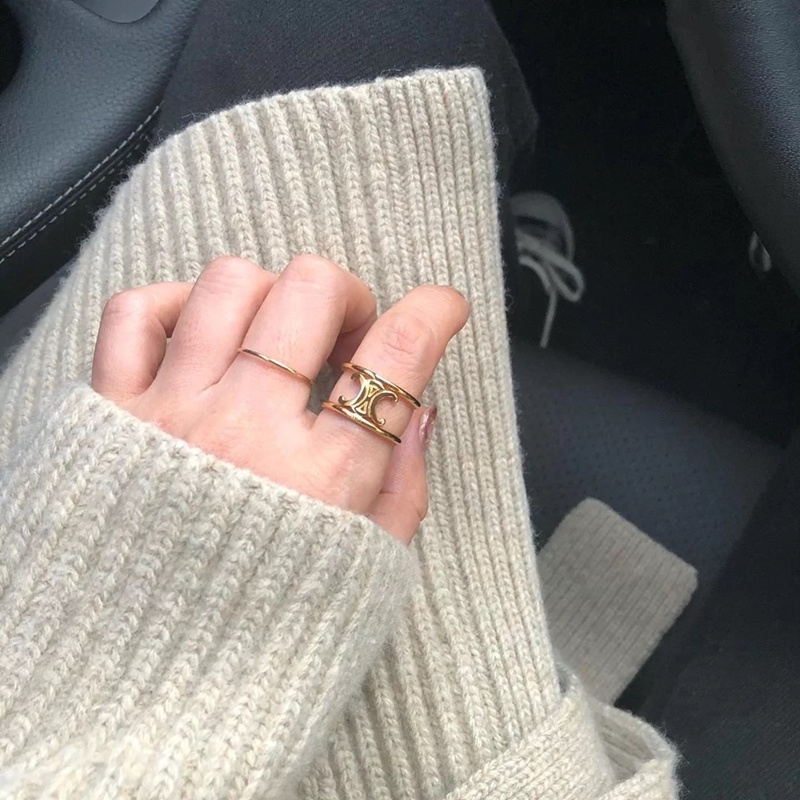 Nhẫn Hở Hai Lớp Họa Tiết Arc de Triomphe Màu Vàng Phong Cách baroque Cổ Điển Có Thể Điều Chỉnh Kích Thước Dành Cho Bạn Nữ