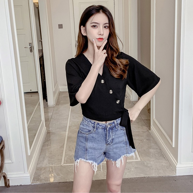 Áo kiểu phối nơ thiết kế cổ chữ V thanh lịch