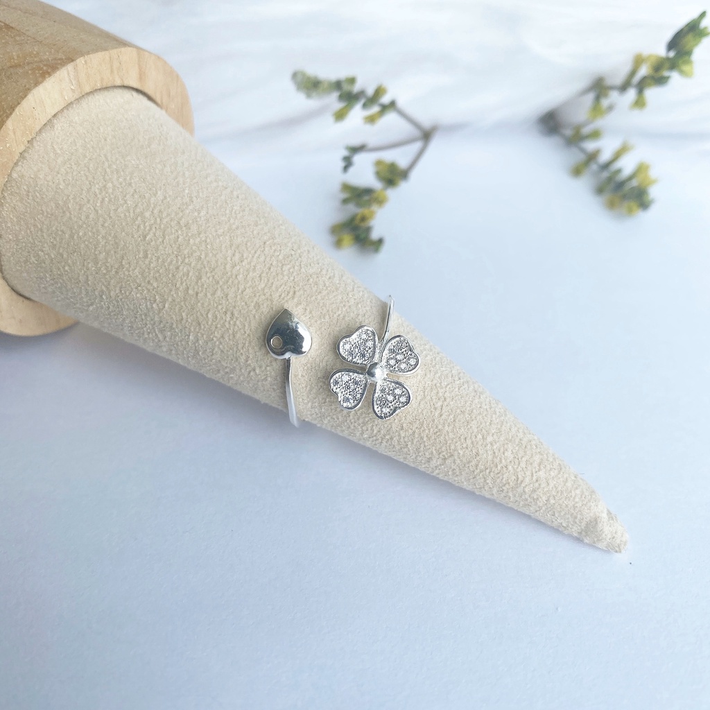 Nhẫn bạc 925 freesize cỏ 4 lá, mặt tim trơn thủng xinh xắn Dế Bạc - N2122