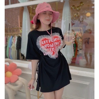 Đầm thun body nữ tay ngắn khoét eo cột dây phối tim