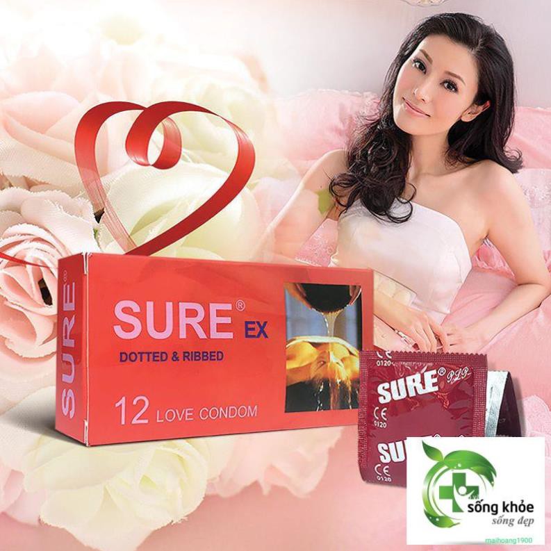 Bao Cao Su Sure Đỏ Hộp 12 Cái- Bao siêu mỏng,gân gai cho cảm giác như thật