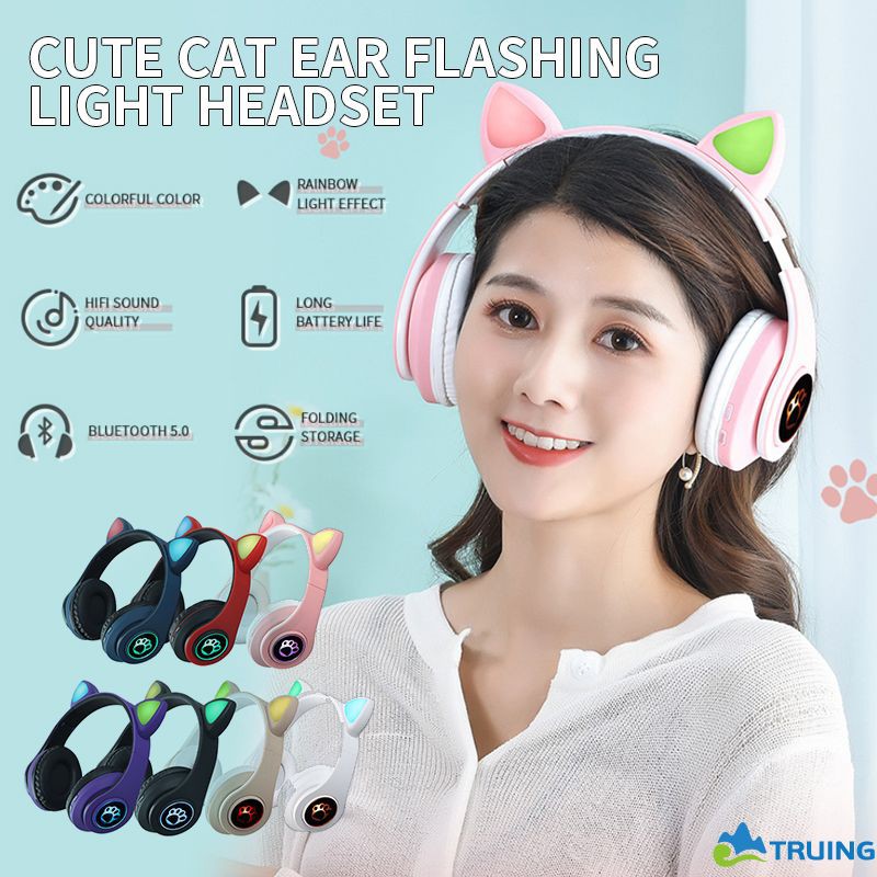 Tai Nghe Bluetooth 5.0 Không Dây Hình Tai Mèo Có Đèn Led Kèm Mic Cho Máy Tính / Điện Thoại