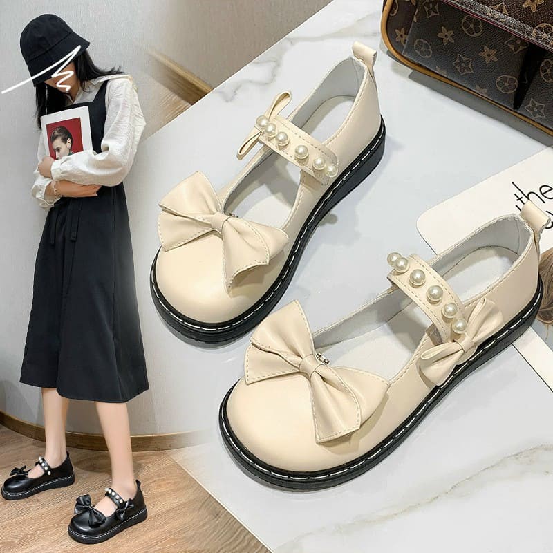 Giày lolita gắn nơ quai ngang đính ngọc siêu xinh - màu đen/kem | BigBuy360 - bigbuy360.vn