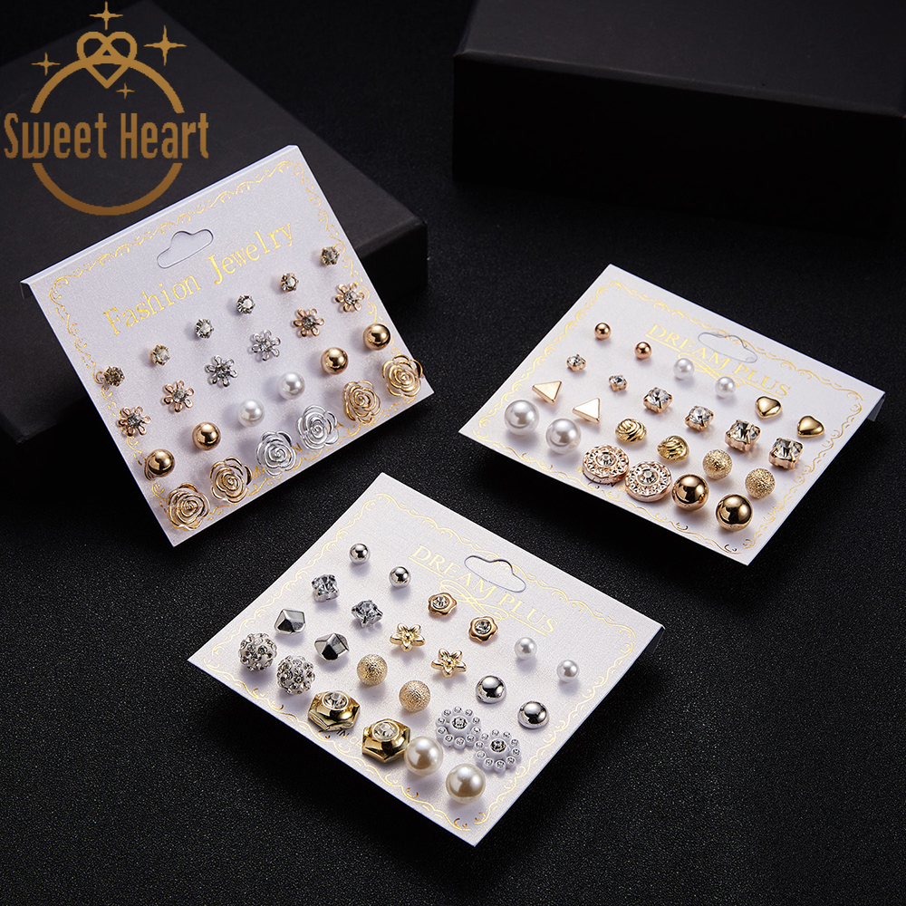 Bộ 12 cặp khuyên tai đính đá và ngọc trai giả sang trọng cho nữ